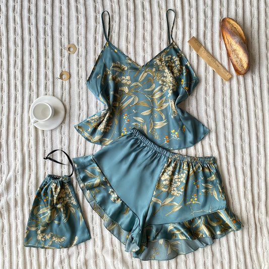 Women's Floral Cami Pyjama Set with Matching Bag – Ruffle Hem Shorts Sleepwear - The Clothing Company Sydney