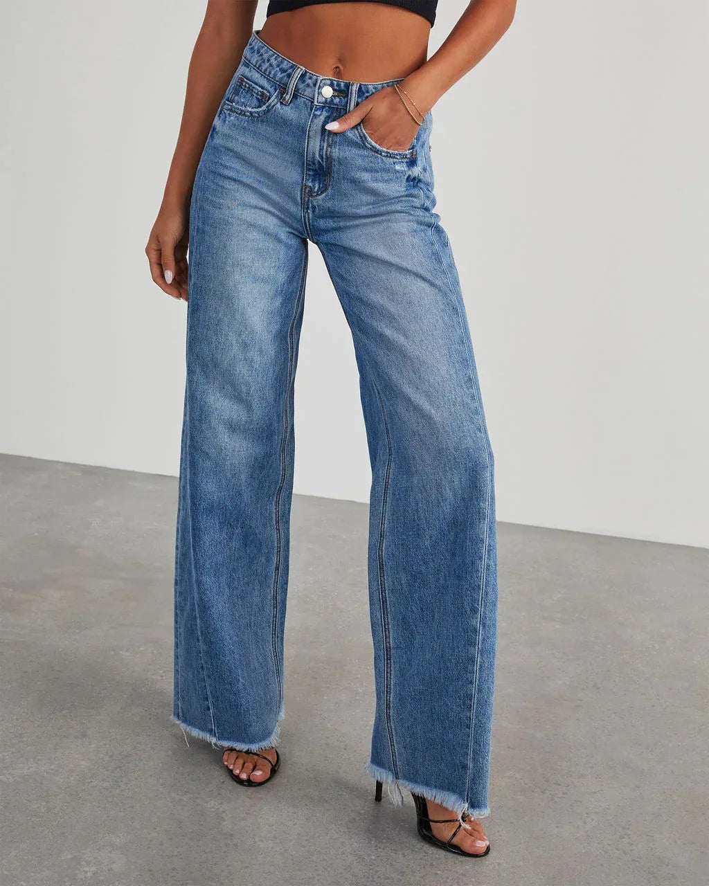 Spring Summer Women's Clothing Solid Color Loose Wide Leg Side Seam Stitching Frayed Hem Jeans The Clothing Company Sydney