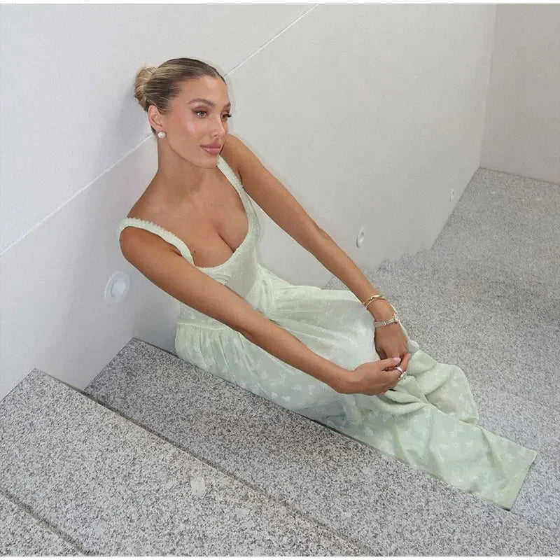Flower Printed Slim A-line Sling Green Square Neck High Split Long Elegant Chic Evening Dress - The Clothing Company Sydney
