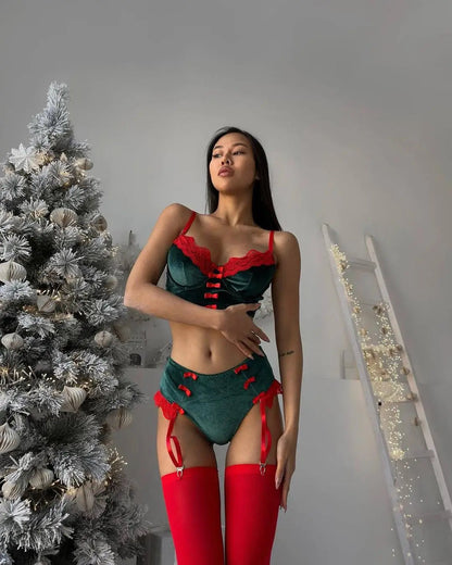 Women's 2 Piece Christmas Lingerie Velvet Female Underwear Bowknot Lace Patchwork Intimate Luxury Xmas Festival Set The Clothing Company Sydney