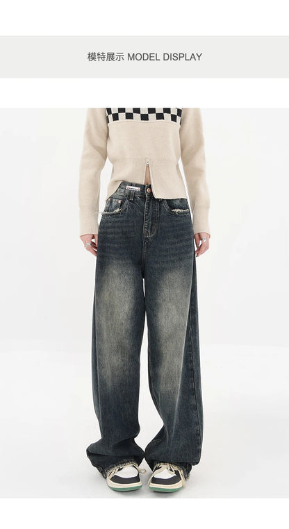 Women's Streetwear Retro High Waist Jeans Loose Wide Leg Denim Trousers Y2K Baggy Pants - The Clothing Company Sydney