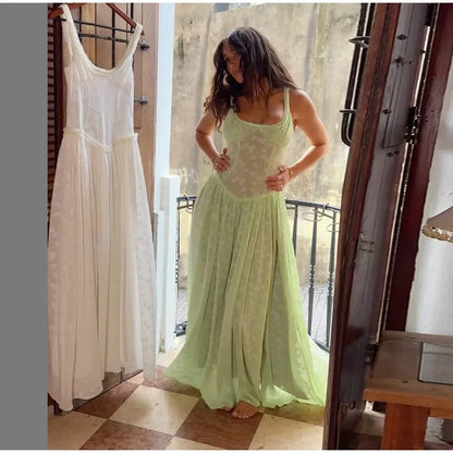 Flower Printed Slim A-line Sling Green Square Neck High Split Long Elegant Chic Evening Dress - The Clothing Company Sydney