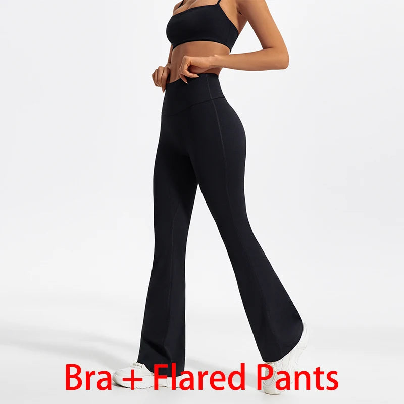 Women Two Piece Gym Workout Bra Yoga Set Shorts Fitness Wear Quick-Dry Sports Bra Flared Pants Suits - The Clothing Company Sydney