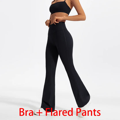 Women Two Piece Gym Workout Bra Yoga Set Shorts Fitness Wear Quick-Dry Sports Bra Flared Pants Suits - The Clothing Company Sydney