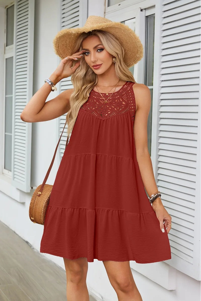 Hollow Lace Patchwork Halter Neck Women A Line Dress Summer Casual Solid Color Loose Beach Holiday Sundress - The Clothing Company Sydney