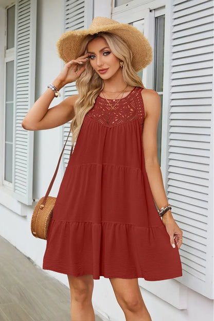 Hollow Lace Patchwork Halter Neck Women A Line Dress Summer Casual Solid Color Loose Beach Holiday Sundress - The Clothing Company Sydney