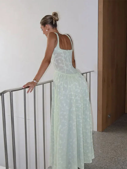 Flower Printed Slim A-line Sling Green Square Neck High Split Long Elegant Chic Evening Dress - The Clothing Company Sydney