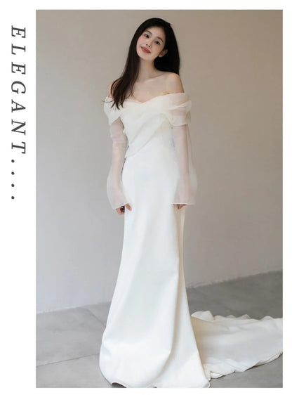 One Shoulder Satin Light Wedding Dress with Simple and Slim Fit Sweet Long Sleeved Bride Evening Gown - The Clothing Company Sydney