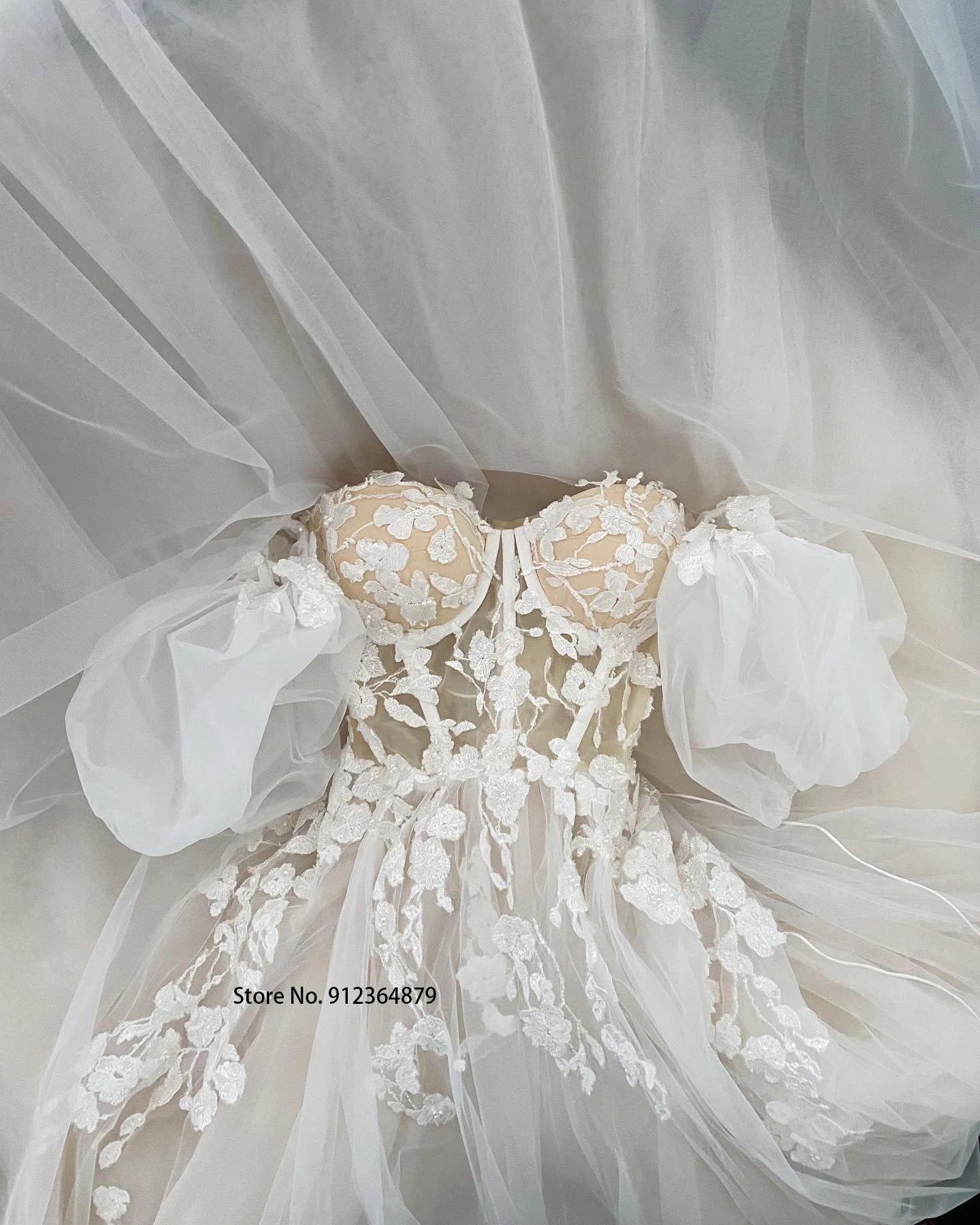 Short Puff Sleeves 3D lace Wedding Dresses Champagne Liner Tulle Appliques Formal Bridal Gowns The Clothing Company Sydney