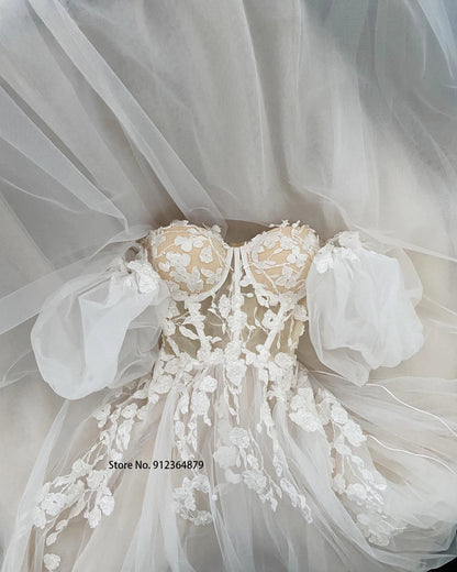 Short Puff Sleeves 3D lace Wedding Dresses Champagne Liner Tulle Appliques Formal Bridal Gowns The Clothing Company Sydney