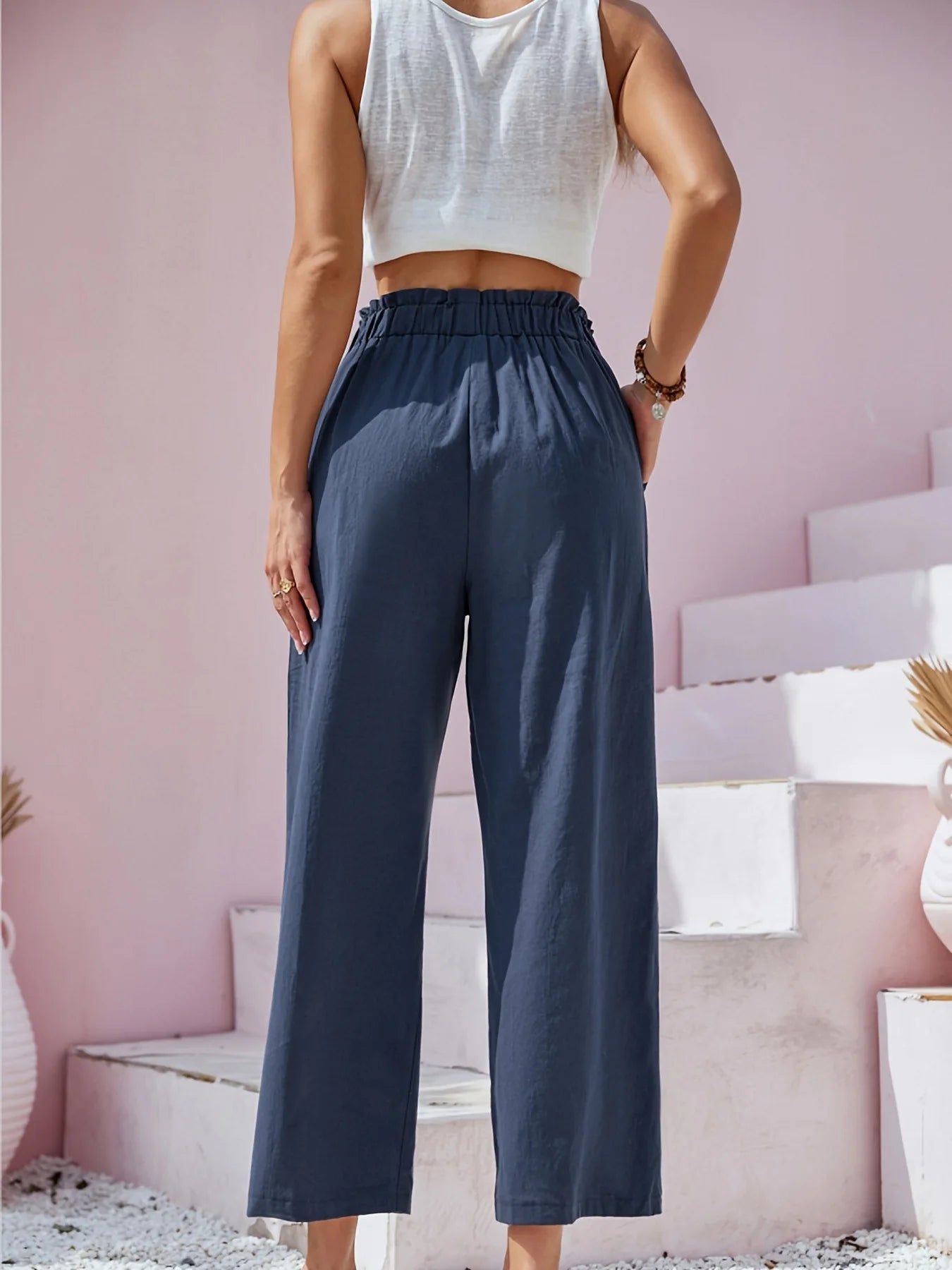 Women's Cotton Linen Loose Wide Leg Pants Summer Female High Elastic Waist Button Casual Streetwear Trousers The Clothing Company Sydney