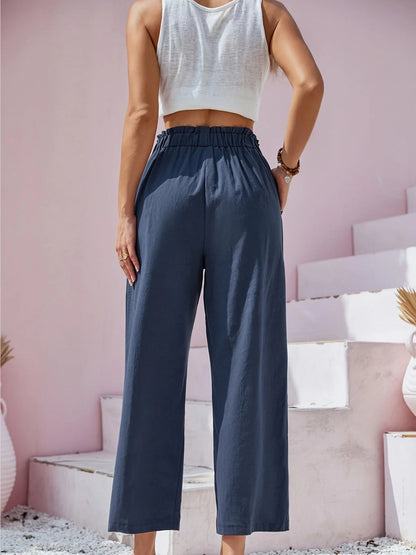 Women's Cotton Linen Loose Wide Leg Pants Summer Female High Elastic Waist Button Casual Streetwear Trousers The Clothing Company Sydney