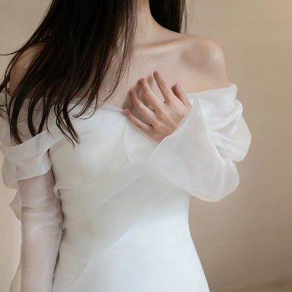 One Shoulder Satin Light Wedding Dress with Simple and Slim Fit Sweet Long Sleeved Bride Evening Gown - The Clothing Company Sydney