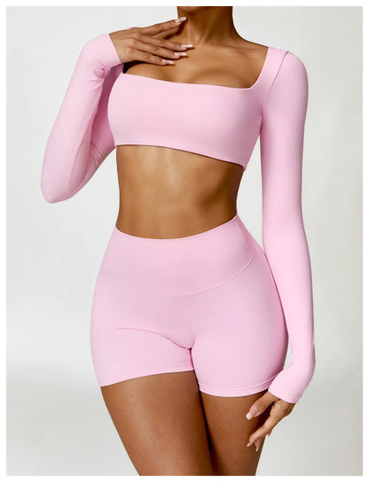 2 Piece Long Sleeve Gym Set Women Yoga Clothes Quick-Drying Sportswear Running Leggings Workout Sports Crop Top Shorts - The Clothing Company Sydney