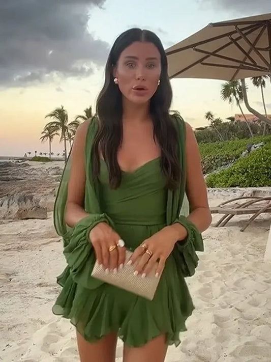 Green Pleated Mini Elegant V-neck Split Long Sleeve A-line Summer Lady Solid Backless Lace Up Dress - The Clothing Company Sydney