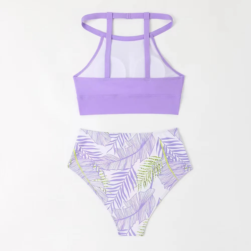 Light Purple High Waist Bikini High Neck Swimsuit Female Two Piece Swimwear Women Print Beach Wear Bathing Suit - The Clothing Company Sydney