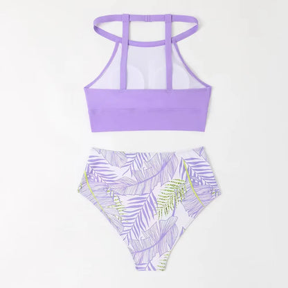 Light Purple High Waist Bikini High Neck Swimsuit Female Two Piece Swimwear Women Print Beach Wear Bathing Suit - The Clothing Company Sydney