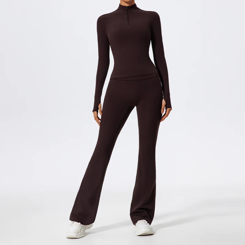 2 Piece Sports Suit Women Half Zipper Long Sleeves Slim Yoga Set Flared Activewear Gym Workout Sportswear The Clothing Company Sydney