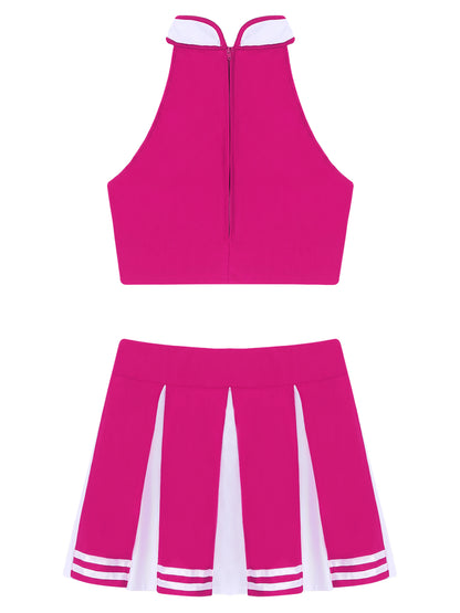 Women's Cheerleading Costume Uniform Carnival Cosplay Outfit Stand Collar Sleeveless Crop Top with Mini Pleated Skirt - The Clothing Company Sydney