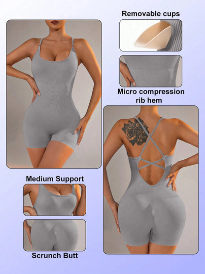 Women's Jumpsuit Short Bodycon High Elasticity Nylon Bodysuit Yoga Sports Workout Gym One Piece Criss Cross Activewear - The Clothing Company Sydney