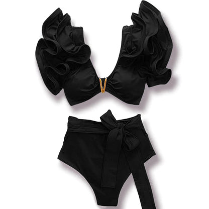 V-Neck High Waist Bikini Sets Shoulder Ruffled Printed Swimsuit Two Piece Swimwear Bathing Suits The Clothing Company Sydney