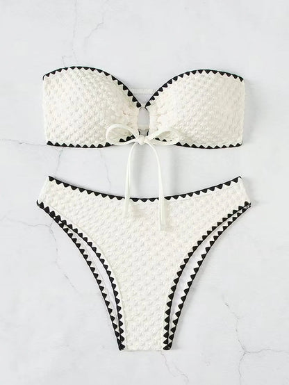 Swimwear White 2 Piece Strapless Swimsuit Bandeau Backless Bikini Set Lace-up Patchwork Bathing Suit The Clothing Company Sydney