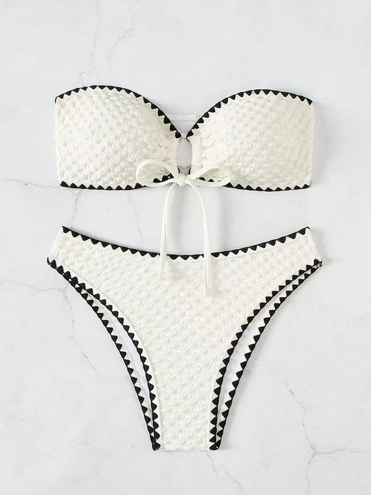 Swimwear White 2 Piece Strapless Swimsuit Bandeau Backless Bikini Set Lace-up Patchwork Bathing Suit The Clothing Company Sydney