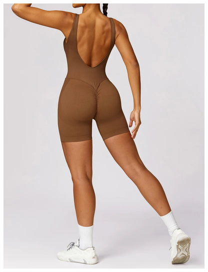 Women's Romper Yoga Hollow Backless Scrunch Seamless One Piece Outfit Fitness Overalls Playsuit Gym Sport Short Jumpsuit - The Clothing Company Sydney