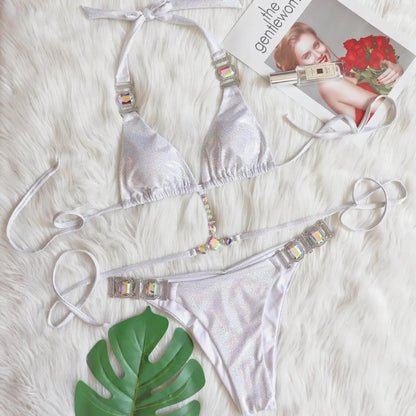 Rhinestone Two 2 Piece Swimsuit Crystal Thong String Bikini Set Women Swimwear Beach Wear Bathing Suit - The Clothing Company Sydney