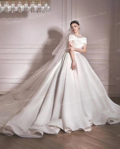 Elegant Women's A Line Beads Off The Shoulder Bridal Gowns Formal Sweep Train Wedding Dress - The Clothing Company Sydney