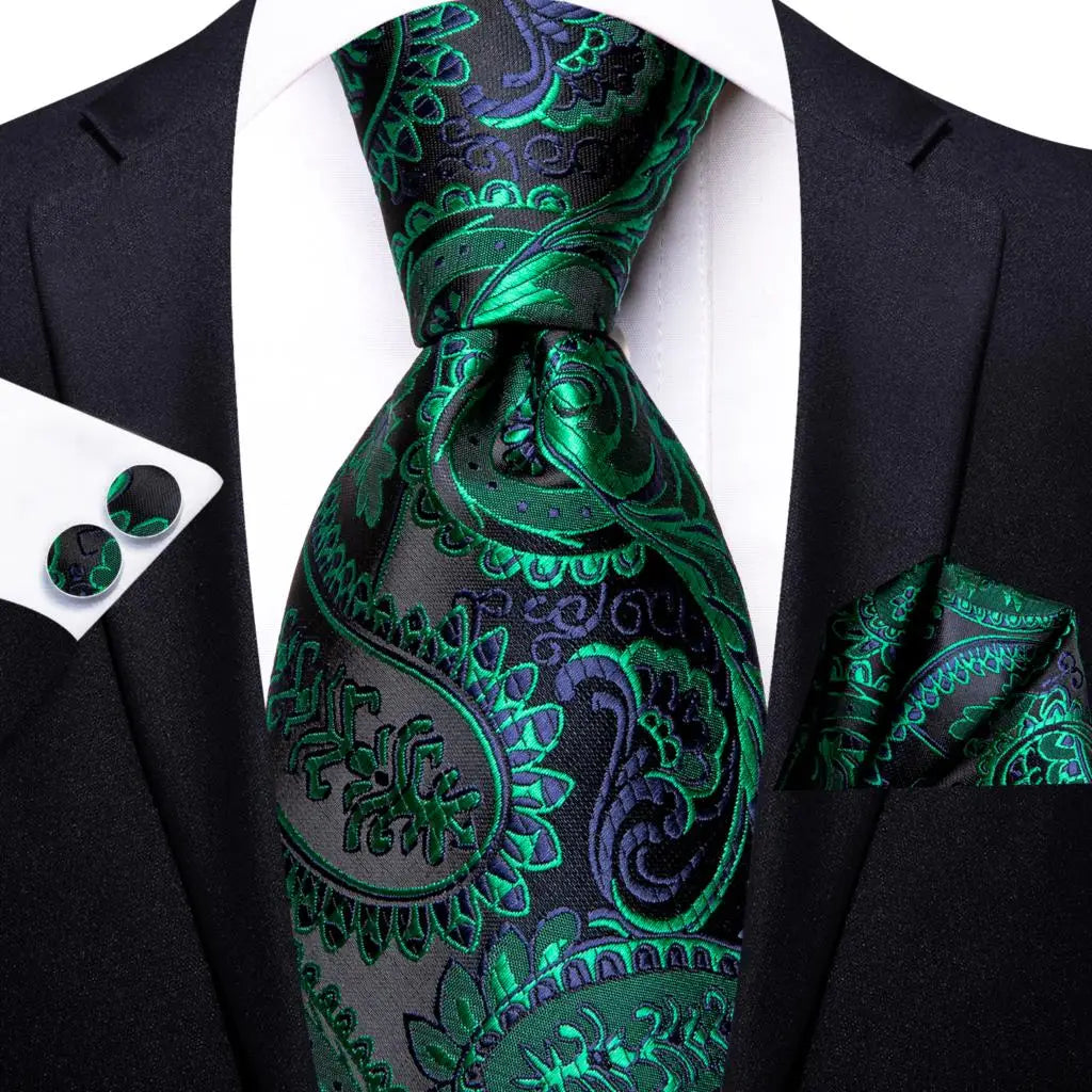 Green Paisley Silk Tie Set for Men – Necktie, Pocket Square & Cufflinks The Clothing Company Sydney