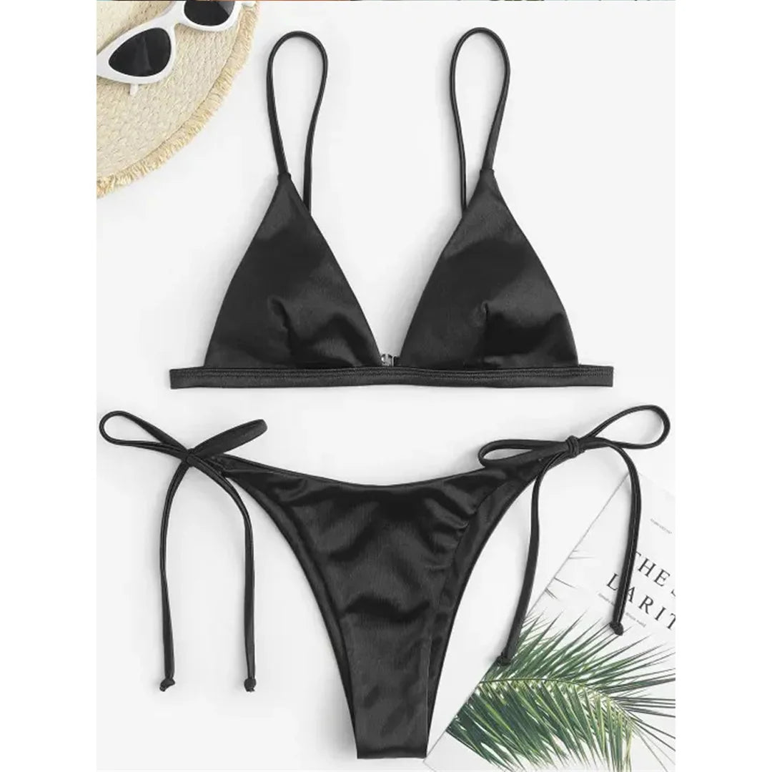 Side Tie Satin High Leg Cut Brazilian Bikini Swimwear Swimsuit Two piece Bikini set Bather Bathing Suit - The Clothing Company Sydney