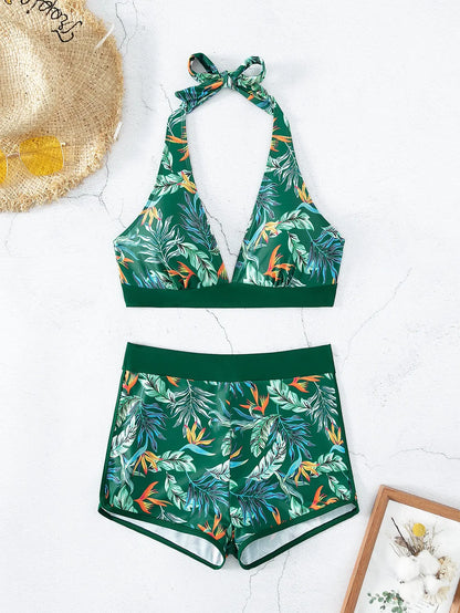 2 Piece Halter Bikini Set Shorts Swimsuit High Waist Swimwear Female Printed Bathers Swimming Bathing Swim Suit Beachwear - The Clothing Company Sydney