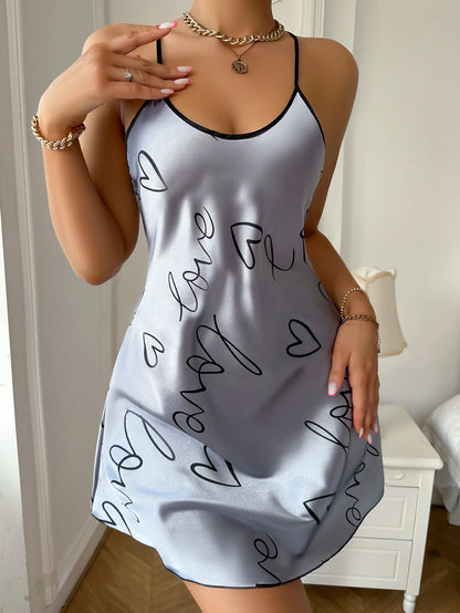 Heart  Letter Print Nightdress  Casual Round Neck Spaghetti Strap Sleep Women's Sleepwear  Dress - The Clothing Company Sydney