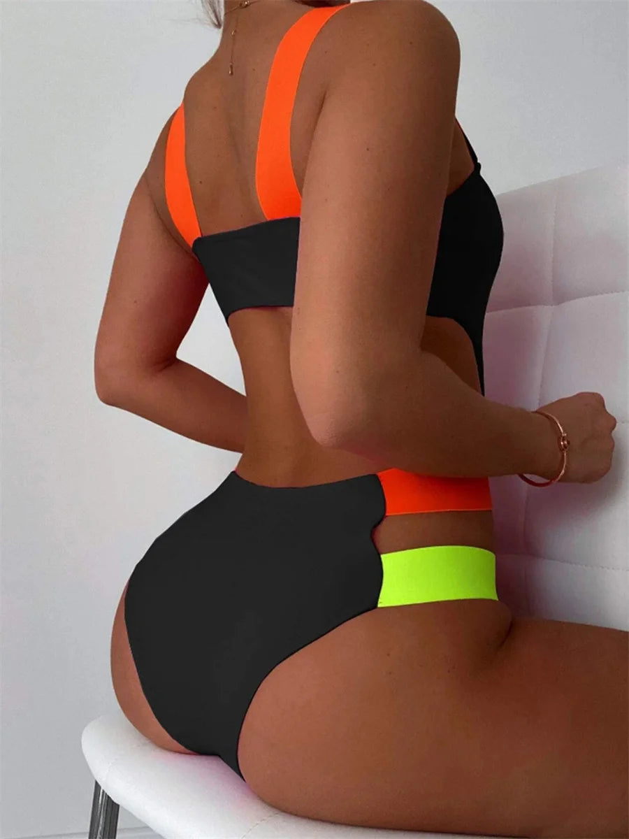 Black Contrast One Piece Swimsuit Neon Strap Hollow Out Backless Monokini Summer Bathing Suit Patchwork Swimwear The Clothing Company Sydney