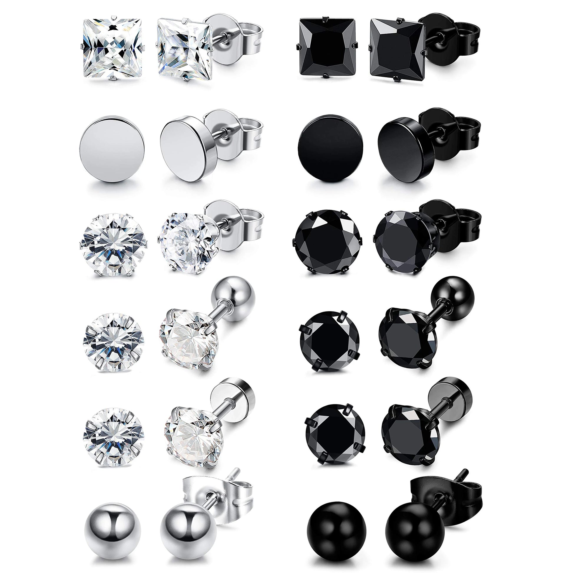 3-8mm Small Black Silver Colour Earrings Stone CZ Crystal Ear Studs Surgical Steel Cubic Unisex Accessories - The Clothing Company Sydney
