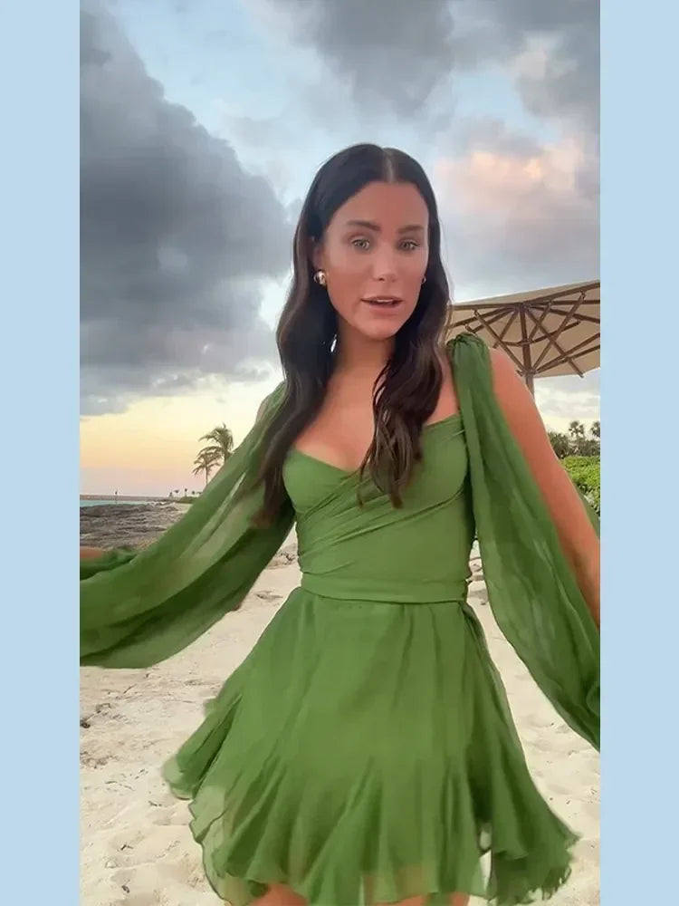 Green Pleated Mini Elegant V-neck Split Long Sleeve A-line Summer Lady Solid Backless Lace Up Dress - The Clothing Company Sydney