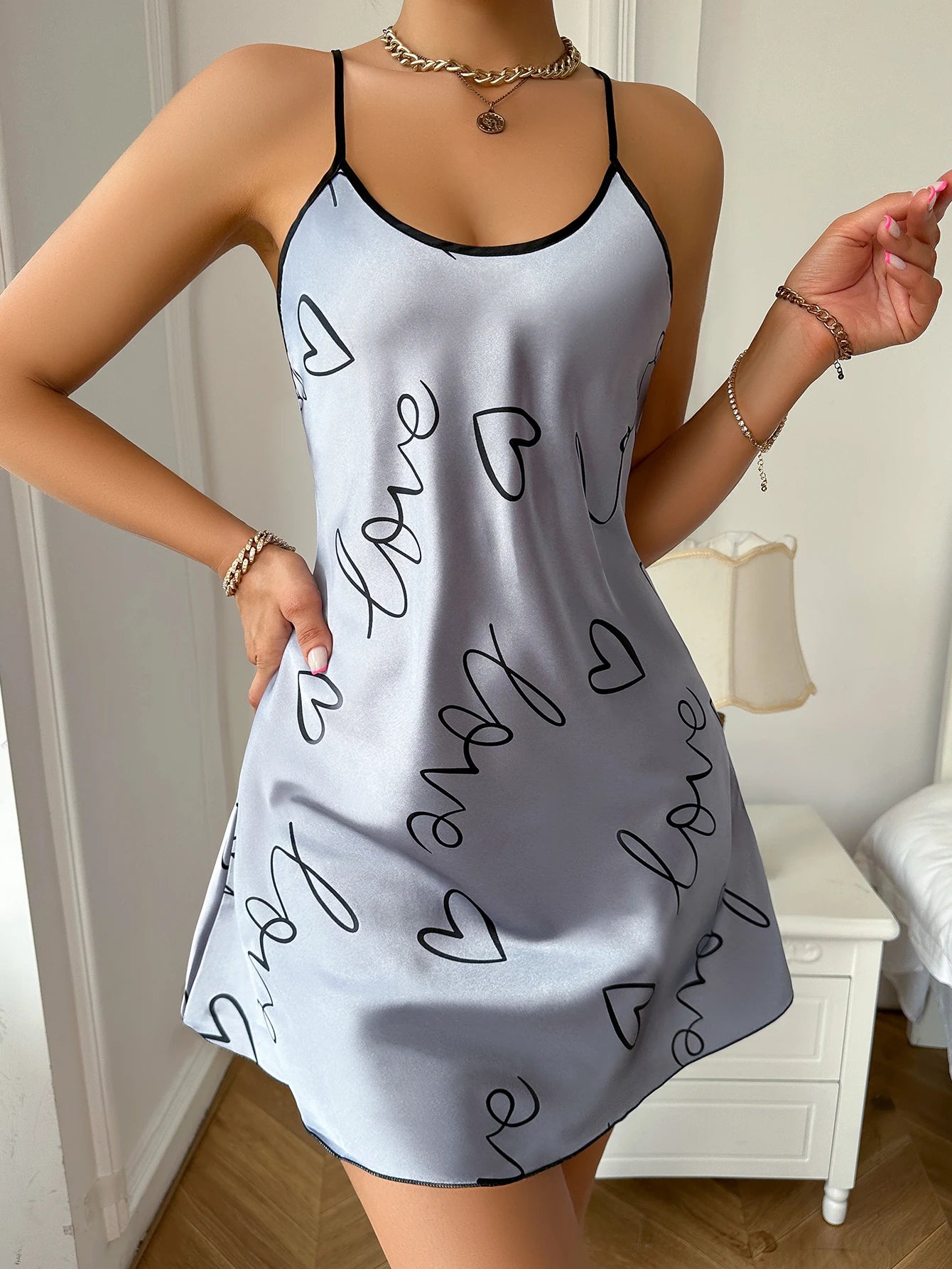 Heart  Letter Print Nightdress  Casual Round Neck Spaghetti Strap Sleep Women's Sleepwear  Dress - The Clothing Company Sydney