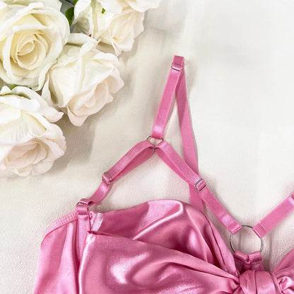Bowknot Lingerie Open Bra Lace Up Underwear 3-Piece Satin Outfit Set The Clothing Company Sydney