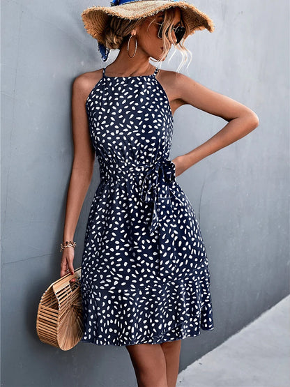 Summer Boho Dress Women Floral Print Mini Female Spaghetti Strap Short Dress Ladies Lace Up Slim Sleeveless Dress The Clothing Company Sydney