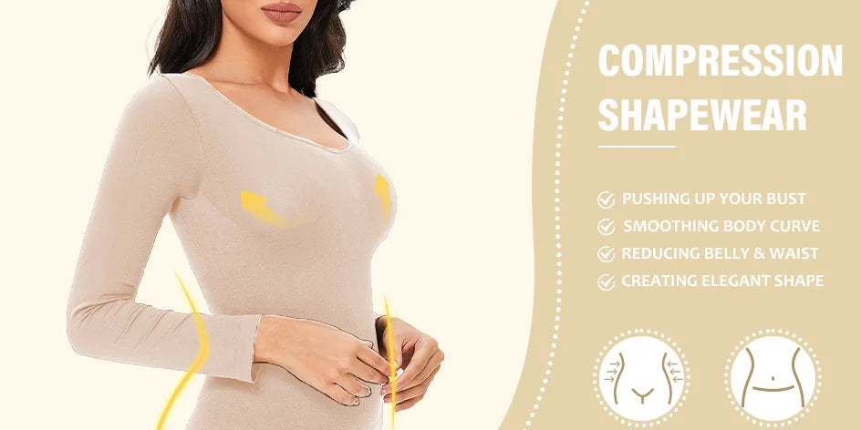 Spandex Elastic Body Suit Shapewear Women Body Shaper Long Sleeve Round Neck Seamless Shapers