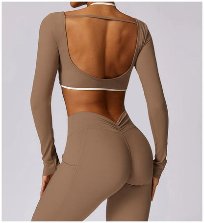 2 Piece Womens Tracksuit Yoga Set Workout Sportswear Gym Clothing Fitness Long Sleeve Crop Top High Waist Leggings Sports Suits - The Clothing Company Sydney