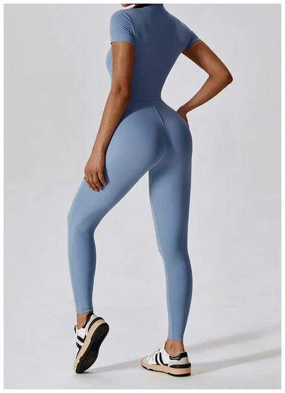 Yoga Jumpsuit Women Zipper Short Sleeve one piece Gym suit Fitness Set Workout Romper Elastic Sportswear - The Clothing Company Sydney