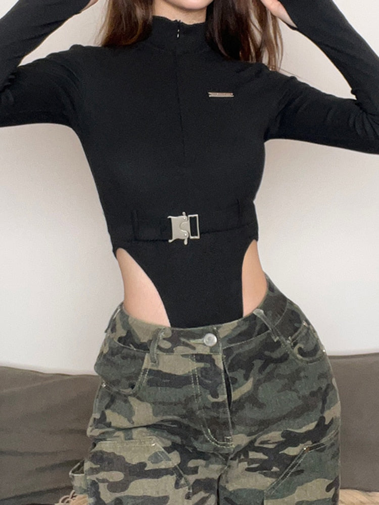Streetwear Zipper Skinny Black Women Bodysuits Top Buckle Turtleneck Autumn Body Fashion Motorcycle One Piece Bodysuit The Clothing Company Sydney