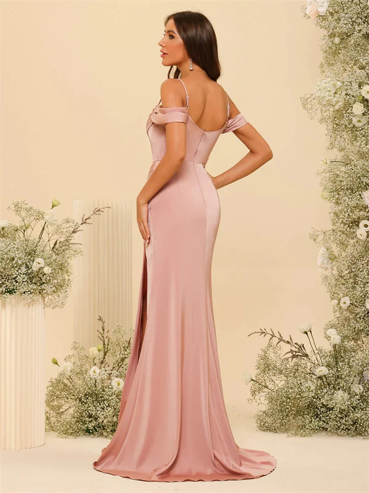 Off-the-Shoulder Spaghetti Straps Silk Satin Sheath Bridesmaid Dress Elegant Zipper Back Gowns For Wedding Guests - The Clothing Company Sydney