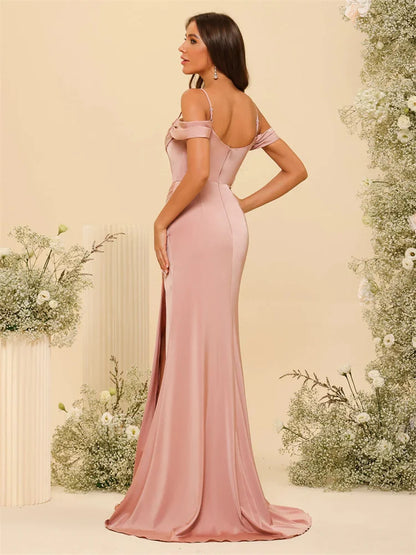 Off-the-Shoulder Spaghetti Straps Silk Satin Sheath Bridesmaid Dress Elegant Zipper Back Gowns For Wedding Guests - The Clothing Company Sydney
