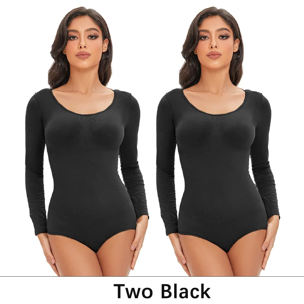 Spandex Elastic Body Suit Shapewear Women Body Shaper Long Sleeve Round Neck Seamless Shapers