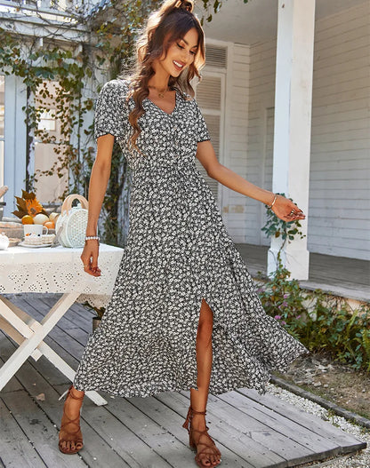 Vintage Floral Dresses for Women Elegant Loose Slit Summer Beach Holiday Leisure Long High Waist Print Dress - The Clothing Company Sydney