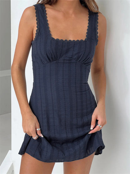 Sleeveless Short Mini Tank Square Neck Lace Trim A-line Dress - The Clothing Company Sydney