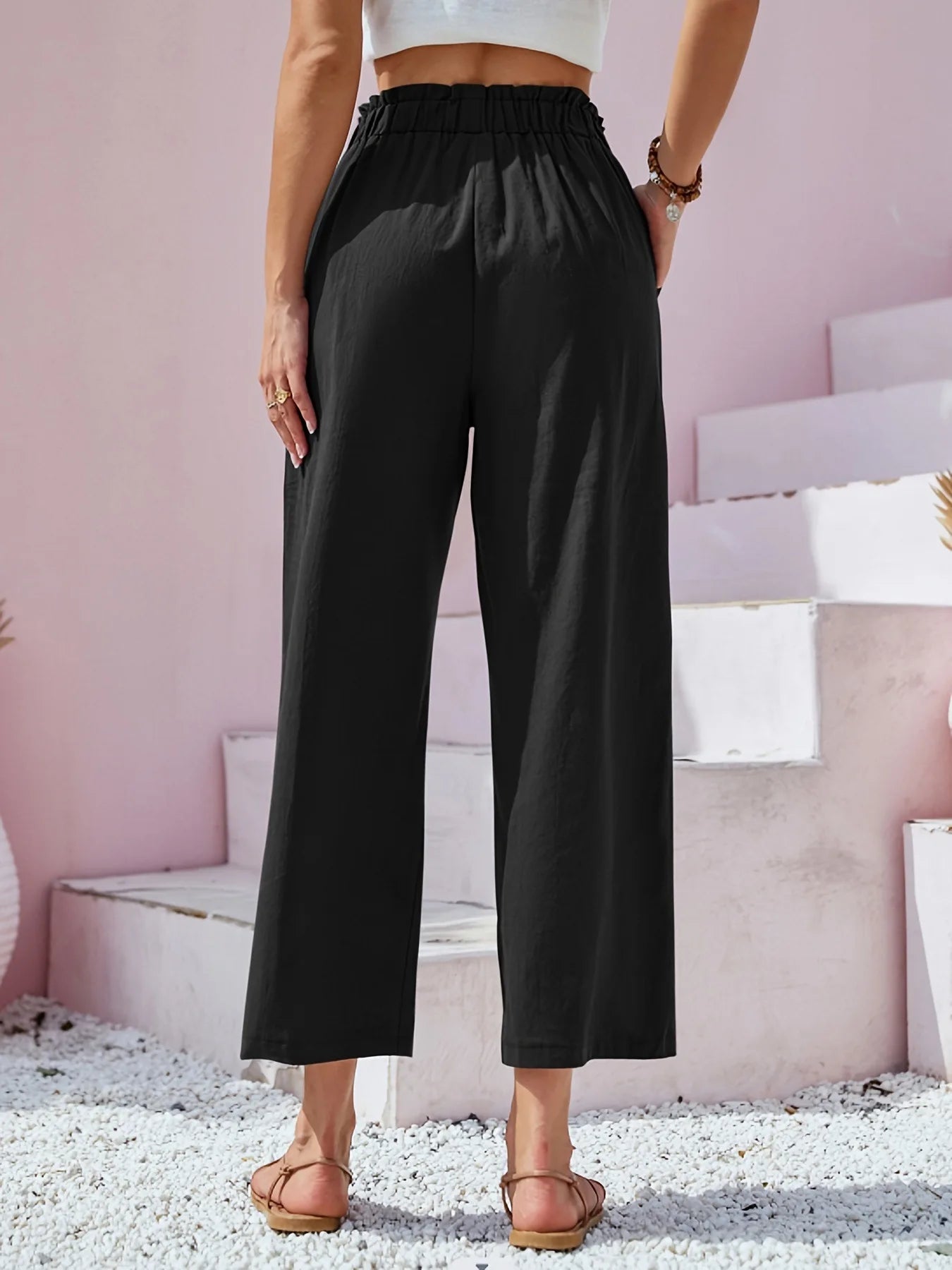 Women's Cotton Linen Loose Wide Leg Pants Summer Female High Elastic Waist Button Casual Streetwear Trousers The Clothing Company Sydney
